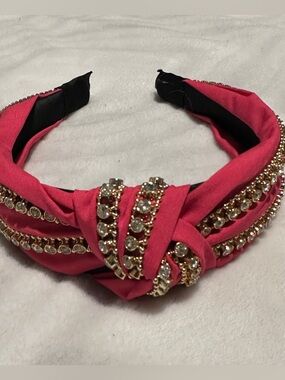 Embellished Knot Headband - Pink with Crystal Trim